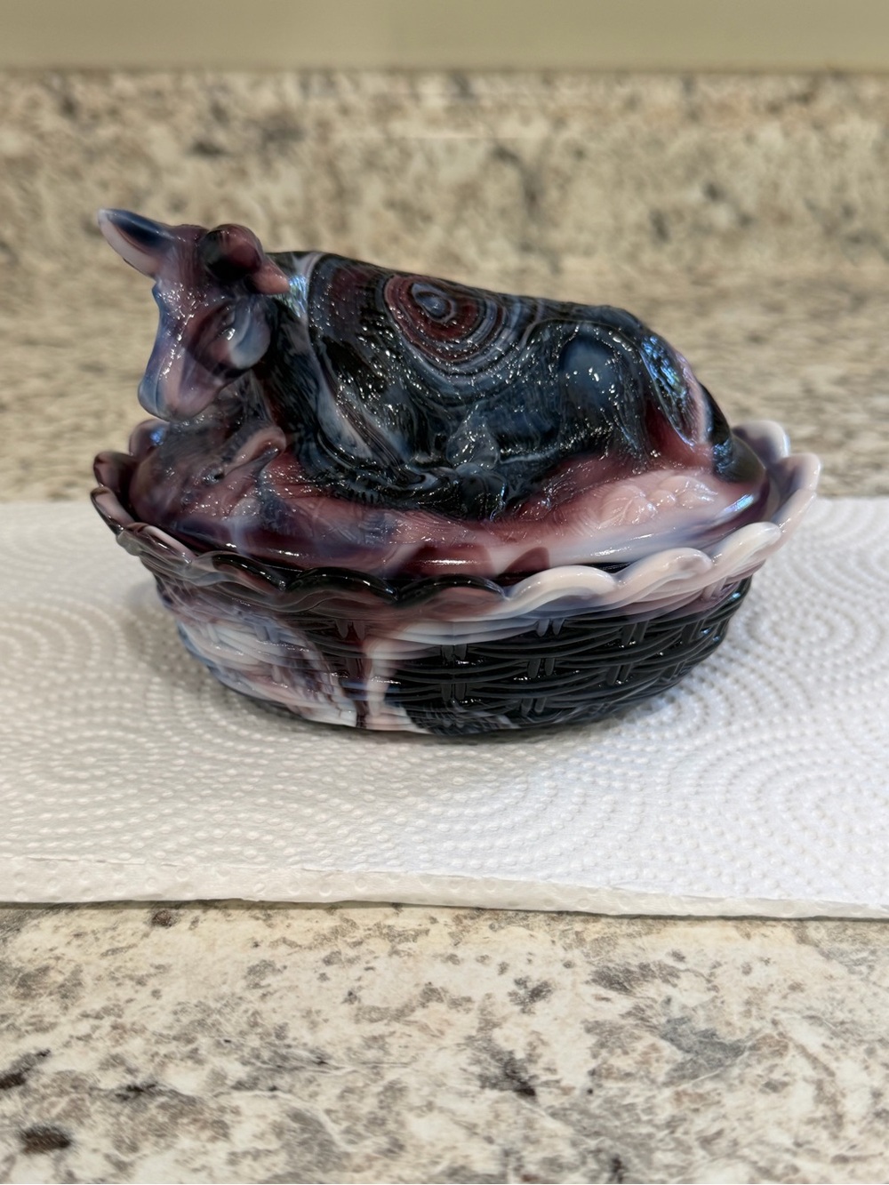Purple Slag glass Cow on a nest